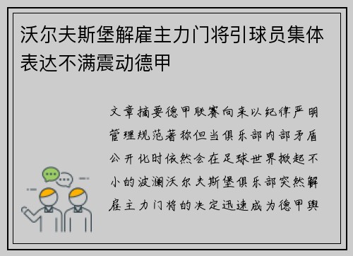 沃尔夫斯堡解雇主力门将引球员集体表达不满震动德甲